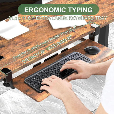 Extra Large Under Desk Keyboard Tray With Slide Out Design, Sturdy C Clip Mount System, Rustic Vintage Brown Finish