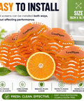 Ten Pack Long Lasting Orange Scent Urinal Screens Deodorizers With Splash Control Tech displayed with citrus and features