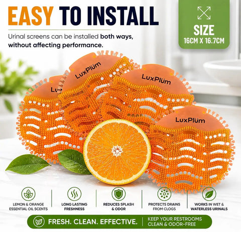 Ten Pack Long Lasting Orange Scent Urinal Screens Deodorizers With Splash Control Tech displayed with citrus and features
