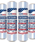 Built Tough Industrial Stretch Film Four Rolls 18 Inches By 1100 Feet 80 Gauge Clear Plastic Shrink Wrap With Smooth Gliding Dispenser showing packaging.