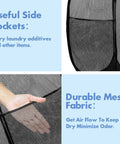 Close-up of Pop Up Laundry Hamper 70L Collapsible Mesh Bin with side pocket and breathable fabric being held open.