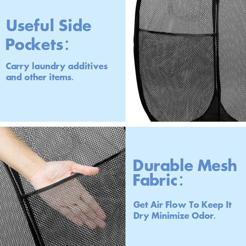 Close-up of Pop Up Laundry Hamper 70L Collapsible Mesh Bin with side pocket and breathable fabric being held open.