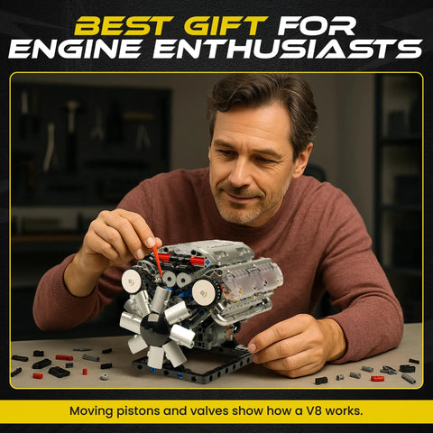 Man assembling V8 Engine Model Kit For Teens And Adults Build Your Own Realistic Mini V8 With Visible Combustion Chambers
