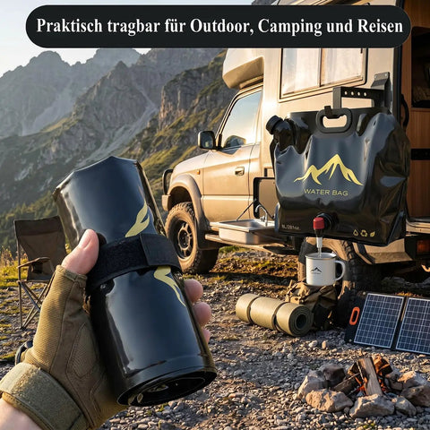 Black Collapsible Water Containers 2 Pack 2 Gallon 8L Each with Spigot for Camping by RV in mountain setting