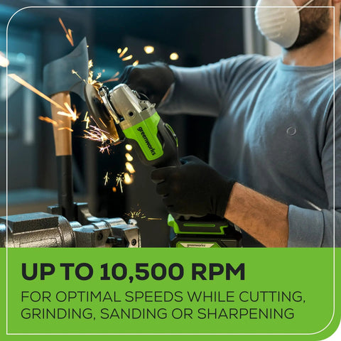 Person using 24V Brushless Cordless Angle Grinder 4-1/2 Inch With 4Ah Battery And 2A Charger, sparks flying during metal cutting.
