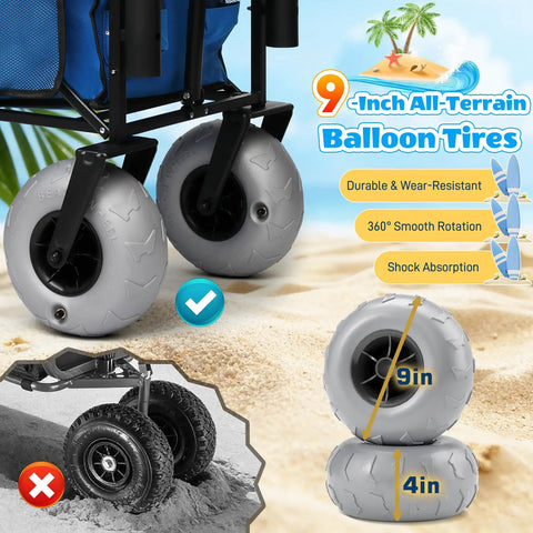 Heavy Duty Beach Fishing Cart For Sand With 9 Inch All Terrain Wheels showing durable and smooth motion tires.