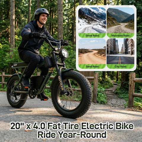 Rider on All Terrain Electric Bike With 750W Motor For A Smooth Cruise At 25 MPH 50 Mile Range 20 Inch Fat Tires 48V Removable Battery