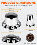 Chrome ABS 33 mm Thread On Dome Axle Cover Kit With Removable Hub Caps And Lug Nut Covers For Semi Trucks dimensions and fit