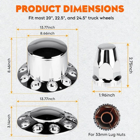 Chrome ABS 33 mm Thread On Dome Axle Cover Kit With Removable Hub Caps And Lug Nut Covers For Semi Trucks dimensions and fit