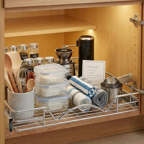 Heavy Duty Pull Out Cabinet Organizer With Smooth Sliding Drawers In Chrome Finish For Easy Access To Spices Pots And Bakeware Fits 23.25 Inch Cabinets And A 22 By 17 Inch Basket No Brainer Install holding kitchen items inside cabinet