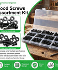 Open case of All In One Wood Screws Set in 410 Stainless Steel for indoor furniture, with truss and pan head types visible.