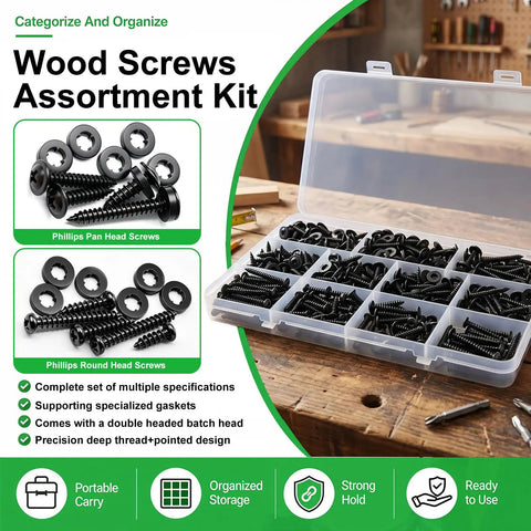 Open case of All In One Wood Screws Set in 410 Stainless Steel for indoor furniture, with truss and pan head types visible.