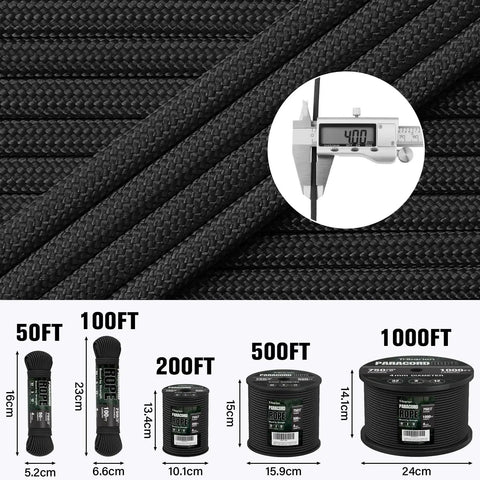 Close-up of Tough As Nails Paracord Rope 750 Lb Test, 4mm 12 Strand Para Cord displaying various spool sizes from 50ft to 1000ft.