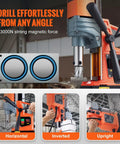 Heavy Duty Magnetic Drill Press Featuring A Badass 1300 Watt Motor Delivering Rock Solid 2810 Lbf Pull Force To Rip Through Thick Steel Plates Like Butter Daily with user showing drilling in different angles.