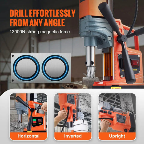 Heavy Duty Magnetic Drill Press With 1300 Watt Motor And 1.6 Inch Bore demonstrating 13000N magnetic force for drilling from any angle.