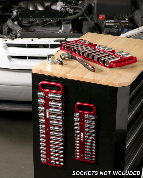 Magnetic Socket Holder For 3/8 Inch Drive Red Organizer Holds 28 Sockets on workbench with sockets not included note