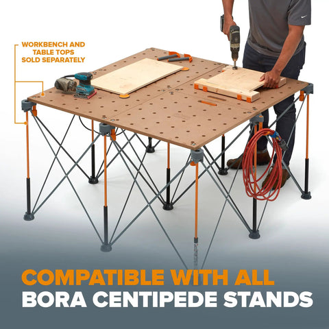 Centipede Panel Cutting Accessory Kit Fits All Centipede Work Stands With 4 X Cups 4 Quick Clamps 6 Non Slips And 2 Hooks Turns Any Portable Table Into A Pro Cutting Station For Sawhorse And Folding Table Applications setup with tools on a BORA stand