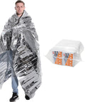 Ultimate 50 Pack Heavy Duty Mylar Thermal Survival Blankets Extra Large Emergency Gear For Bug Out Bags And Go Kits Waterproof Windproof Keeps 90 Body Heat Safe man wrapped in silver blanket, 50-pack kit