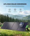 200W Portable Solar Panel For Power Station Foldable Solar Charger set up outdoors with kickstands in green landscape