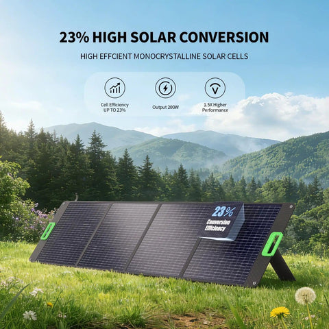 200W Portable Solar Panel For Power Station Foldable Solar Charger set up outdoors with kickstands in green landscape