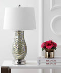 Dope Green Mosaic LED Table Lamp With Iron Base And White Linen Drum Shade Coastal Traditional Style Nickel Accents UL Listed LED Bulb Included 28 Inch Tall