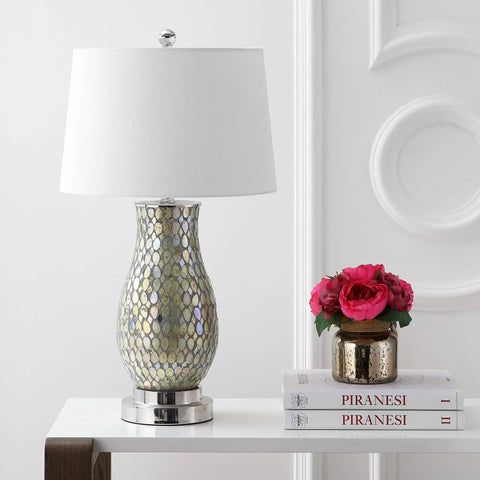 Dope Green Mosaic LED Table Lamp With Iron Base And White Linen Drum Shade Coastal Traditional Style Nickel Accents UL Listed LED Bulb Included 28 Inch Tall