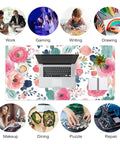Pink Floral Large Mouse Pad 31.5 By 15.7 Inches Extended Desk Mat Waterproof PU Leather For Desktop Laptop Keyboard Mouse Office Home School Gaming Large Extended Work Surface For Laptop And Keyboard Also Great For Gaming under laptop and notebook with decorative elements illustrating work, gaming, writing, and drawing activities.