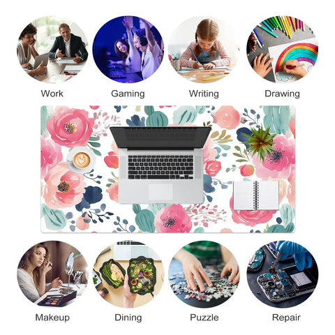 Pink Floral Large Mouse Pad 31.5 By 15.7 Inches Extended Desk Mat Waterproof PU Leather For Desktop Laptop Keyboard Mouse Office Home School Gaming Large Extended Work Surface For Laptop And Keyboard Also Great For Gaming under laptop and notebook with decorative elements illustrating work, gaming, writing, and drawing activities.