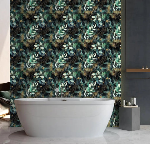 Peel And Stick Boho Forest Wallpaper Removable Mural In Black Green And Matte Gold Vinyl Self Adhesive for bathroom accent wall