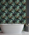 Peel And Stick Wallpaper Boho Forest Vintage Removable Self Adhesive Vinyl Mural For Bedroom Matte Gold Green Black in bathroom setting