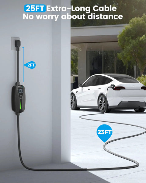 Portable Tesla Wall Connector Featuring No Sweat Nema 10 30 Plug Method Level 2 Ev Speed Charger With Tunable Amps and an extra-long 25ft cable.