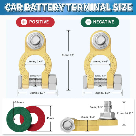 Two Pair Battery Terminal Connectors With M8 Bolts 21mm Long, Pure Copper Cable Ends With Anti Corrosion Pad, size guide