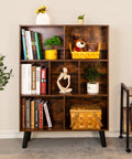 Three Tier Cube Bookshelf With Legs In Rustic Brown Mid Century Modern Style Dope Space Saving Open Bookcase With Retro Wood Look for Bedroom, Living Room and Office displaying books and decor.