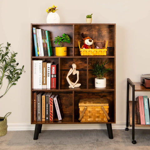 Three Tier Cube Bookshelf With Legs In Rustic Brown Mid Century Modern Style Dope Space Saving Open Bookcase With Retro Wood Look for Bedroom, Living Room and Office displaying books and decor.