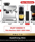 RectoCafé Espresso Machine For Nespresso Original Capsule Pods next to larger coffee machines, highlighting 3.3-inch width.