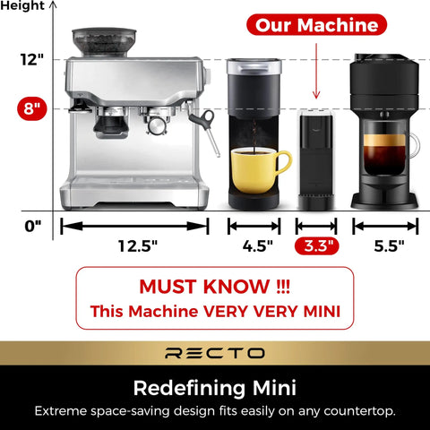 RectoCafé Espresso Machine For Nespresso Original Capsule Pods next to larger coffee machines, highlighting 3.3-inch width.