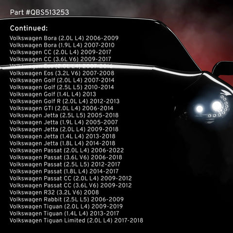 List of Volkswagen car models compatible with part #QBS513253 on a dark car silhouette background.