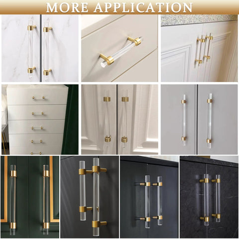 Adjustable Acrylic And Brass Cabinet Pulls With Center To Center Range 0 To 6 Point 2 Inches Four Piece Set In Modern Gold and Clear Finish