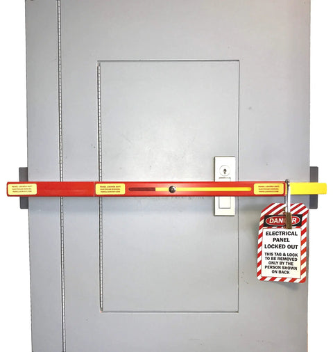 Panel Lockout Kit With Pouch Pro Grade OSHA Compliant Lockout Tagout For Electrical Panels Made In USA installed on door