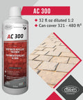 Top Shelf Breathable Stone Sealer With Heavy Duty Deep Penetrating Formula For Brick Terracotta And Tile Grout Pre Install Moisture Barrier Backer Board Protection No Sweat Waterproofing 1 Liter with AC300 bottle and sealed stone surface.
