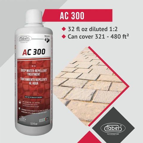 Top Shelf Breathable Stone Sealer With Heavy Duty Deep Penetrating Formula For Brick Terracotta And Tile Grout Pre Install Moisture Barrier Backer Board Protection No Sweat Waterproofing 1 Liter with AC300 bottle and sealed stone surface.