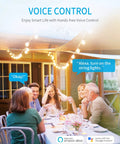 Family dinner outdoors with string lights, showcasing Badass Weather Resistant Smart Outdoor WiFi Plug With Three Heavy Duty Grounded Jacks.