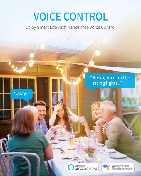 Family dinner outdoors with string lights, showcasing Badass Weather Resistant Smart Outdoor WiFi Plug With Three Heavy Duty Grounded Jacks.