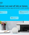 Wireless All In One Color Inkjet Printer With Mobile And Tablet Printing, Auto Duplex Scanning, Compact Home Office Gear, Alexa Compatible, Smooth Plug And Play Setup For Real Photos, Sweet Results You Gonna Love Every Time with Alexa device on desk.