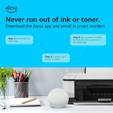 Wireless All In One Color Inkjet Printer With Mobile And Tablet Printing, Auto Duplex Scanning, Compact Home Office Gear, Alexa Compatible, Smooth Plug And Play Setup For Real Photos, Sweet Results You Gonna Love Every Time with Alexa device on desk.