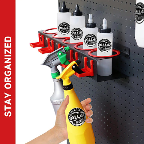 Multifunctional Spray Bottle Rack For Car Garage And Beauty Shop Displays With Durable Metal Frame And Five Plastic Hanging Hooks