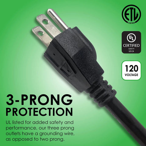 Close-up of a plug from Six Outlet Surge Protector Power Strip With 25 Foot Extension Cord Black Built Tough ETL Listed UL Standard
