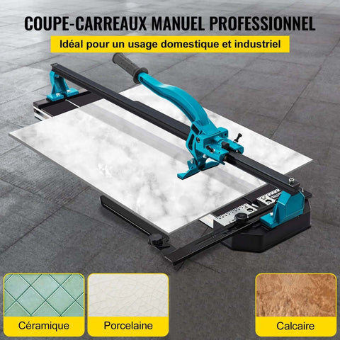 Mophorn 48-inch manual tile cutter with blue handle, single rail and measuring scale (front view)