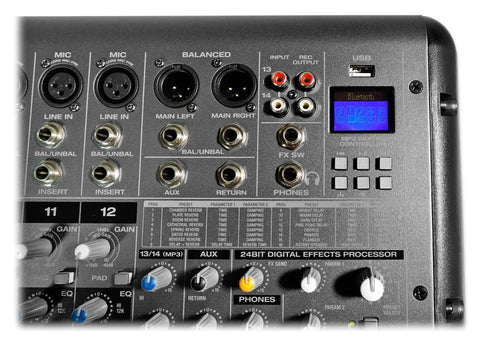 Close-up of 6000W Peak 14-Channel Powered Mixer with USB Bluetooth, showing input ports and digital effects display.