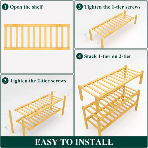 Easy assembly instructions for Three Tier Bamboo Shoe Rack Organizer Stackable Free Standing Wooden Shoe Storage Shelf